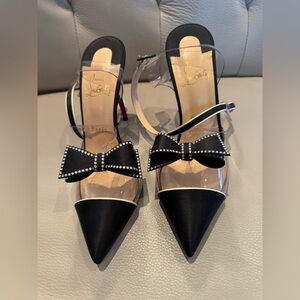 Christian Louboutin Black Satin Pointed Slingback Heels with Crystal Bow